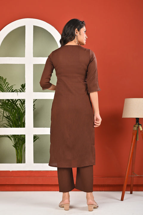 Brown Solid Kurta Set with Dupatta for Women