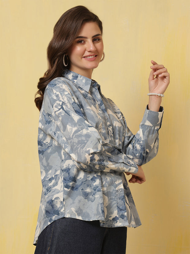 Blue & White Floral Printed Shirt for Women