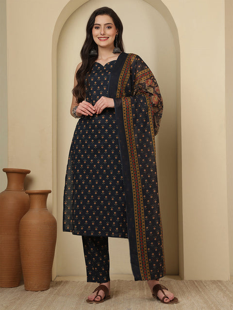 Blue Printed Kurta Set with Dupatta for Women