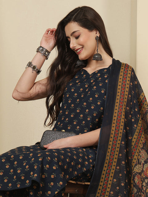 Blue Printed Kurta Set with Dupatta for Women