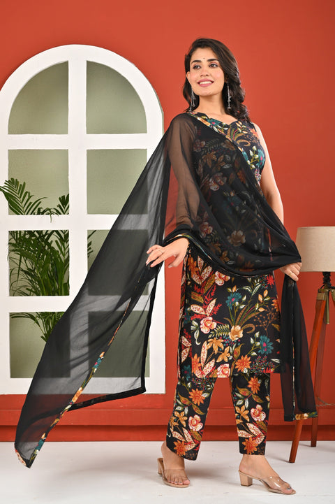 Black Printed Kurta Set with Dupatta for Women