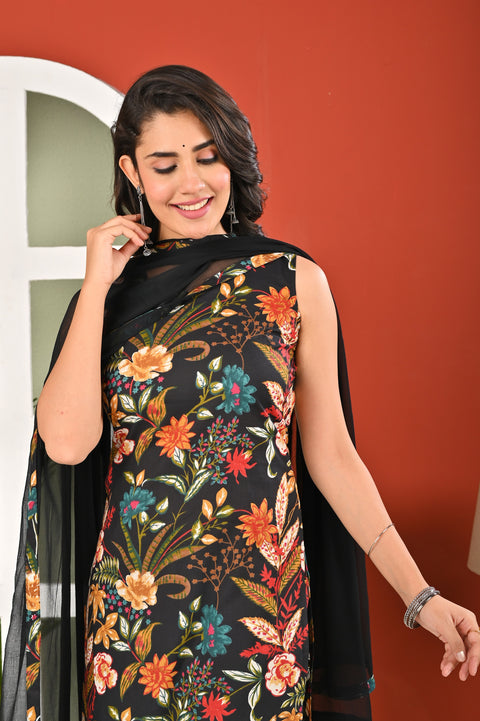 Black Printed Kurta Set with Dupatta for Women