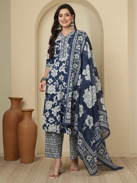 Blue Printed Kurta Set with Dupatta for Women