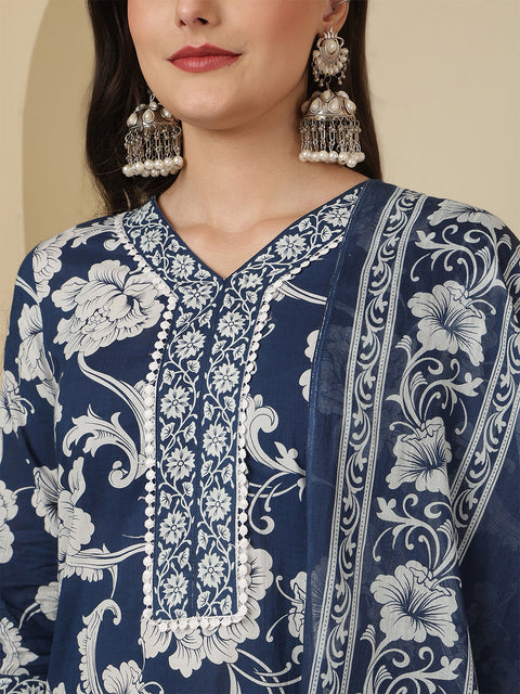 Blue Printed Kurta Set with Dupatta for Women