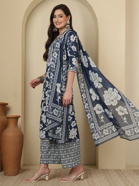 Blue Printed Kurta Set with Dupatta for Women