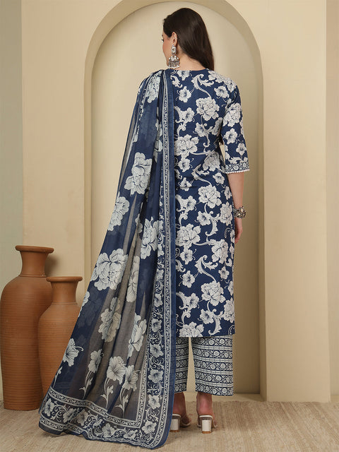 Blue Printed Kurta Set with Dupatta for Women