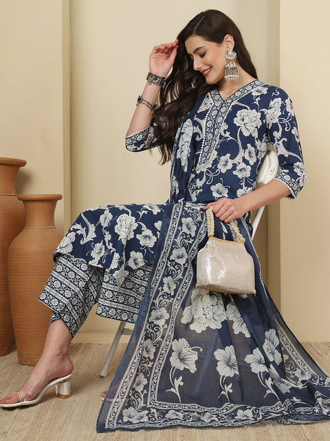 Blue Printed Kurta Set with Dupatta for Women