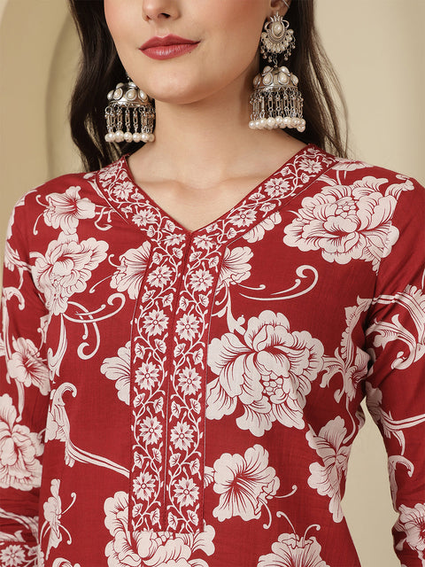 Maroon Printed Kurta Set with Dupatta for Women