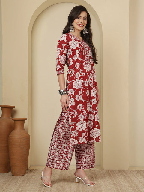 Maroon Printed Kurta Set with Dupatta for Women