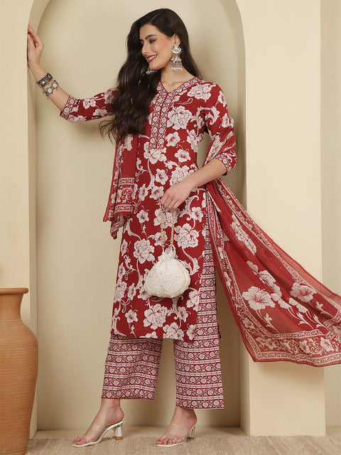 Maroon Printed Kurta Set with Dupatta for Women