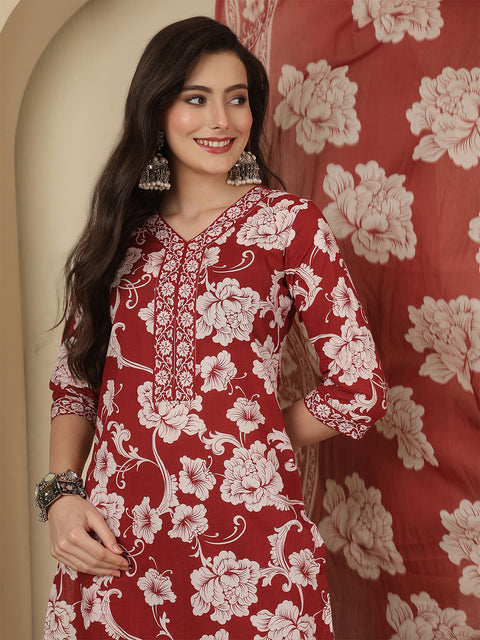 Maroon Printed Kurta Set with Dupatta for Women