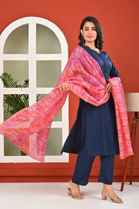 Blue Solid Kurta Set with Dupatta for Women