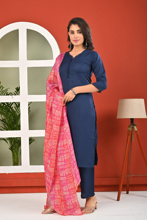 Blue Solid Kurta Set with Dupatta for Women