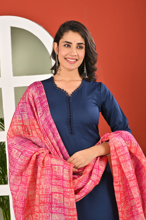 Blue Solid Kurta Set with Dupatta for Women