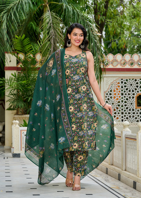 Green Floral Printed Kurta Set with Dupatta for Women