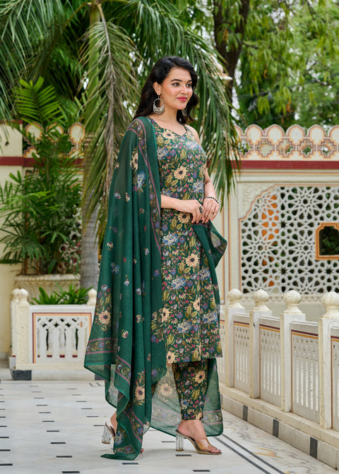 Green Floral Printed Kurta Set with Dupatta for Women