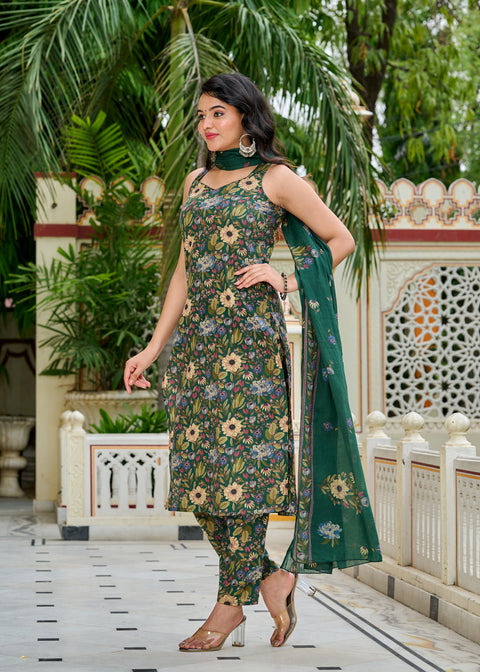 Green Floral Printed Kurta Set with Dupatta for Women