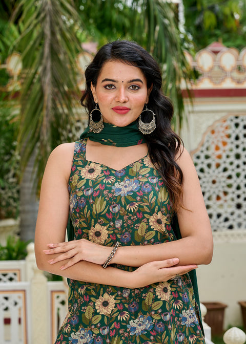 Green Floral Printed Kurta Set with Dupatta for Women