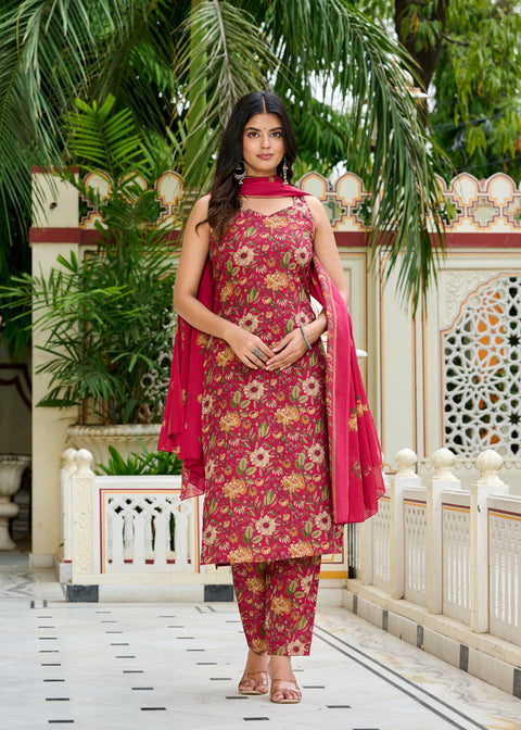 Pink Floral Printed Kurta Set with Dupatta for Women