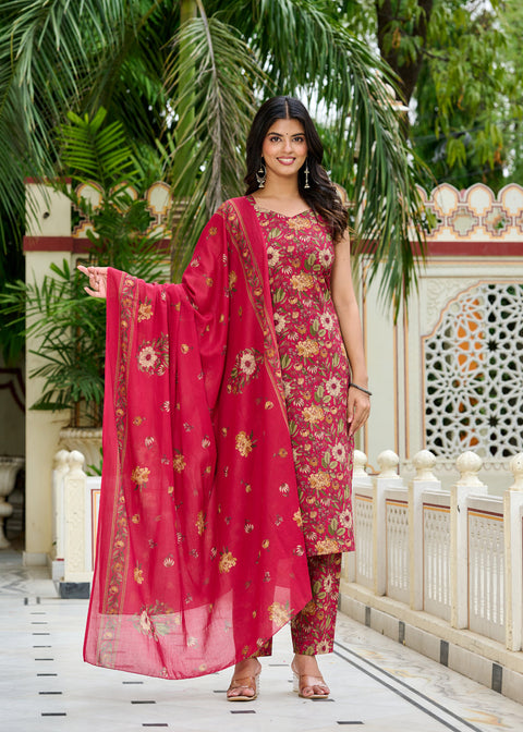 Pink Floral Printed Kurta Set with Dupatta for Women