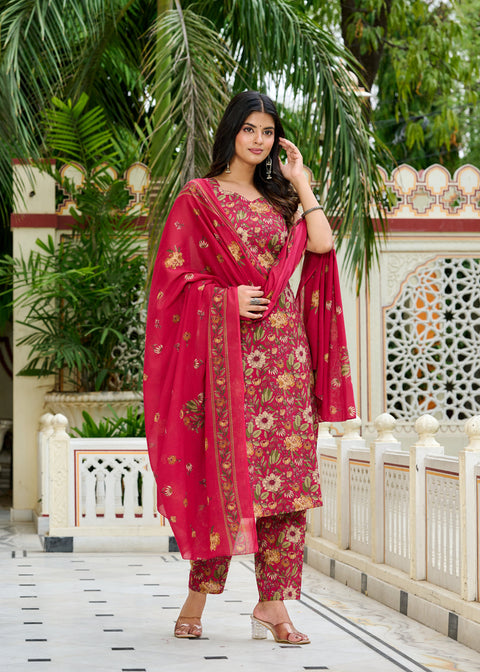 Pink Floral Printed Kurta Set with Dupatta for Women