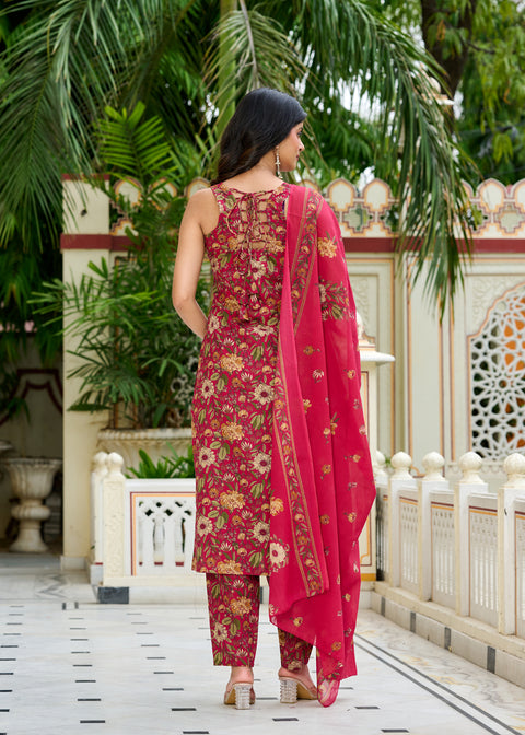 Pink Floral Printed Kurta Set with Dupatta for Women