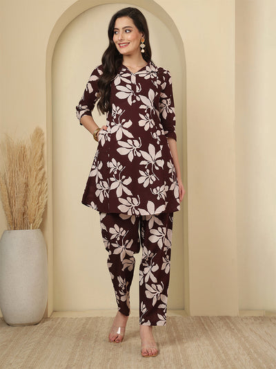 Burgundy Floral Printed Co-Ord Set for Women
