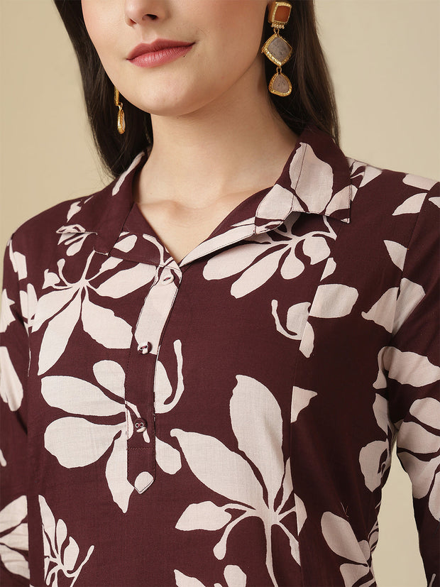 Burgundy Floral Printed Co-Ord Set for Women