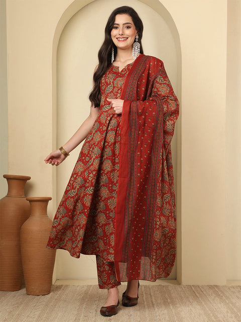 Maroon Printed Kurta Set with Dupatta for Women