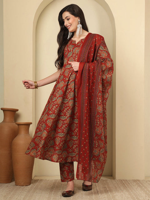 Maroon Printed Kurta Set with Dupatta for Women