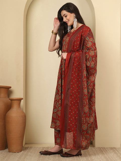 Maroon Printed Kurta Set with Dupatta for Women