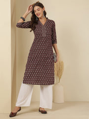 Burgundy Printed Straight Kurta with Three Quarter Sleeves
