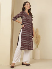 Burgundy Printed Straight Kurta with Three Quarter Sleeves