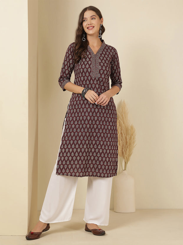 Burgundy Printed Straight Kurta with Three Quarter Sleeves