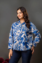 White & Blue Floral Printed Shirt for Women