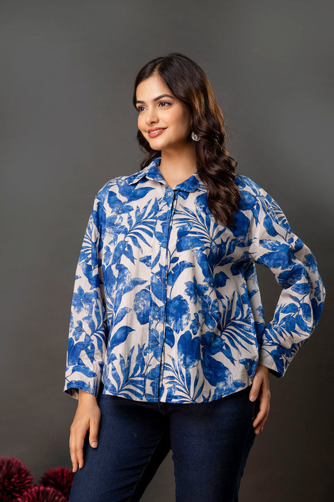 White & Blue Floral Printed Shirt for Women
