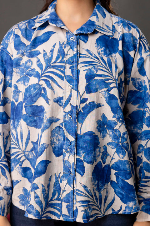 White & Blue Floral Printed Shirt for Women