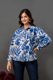 White & Blue Floral Printed Shirt for Women