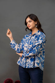 White & Blue Floral Printed Shirt for Women