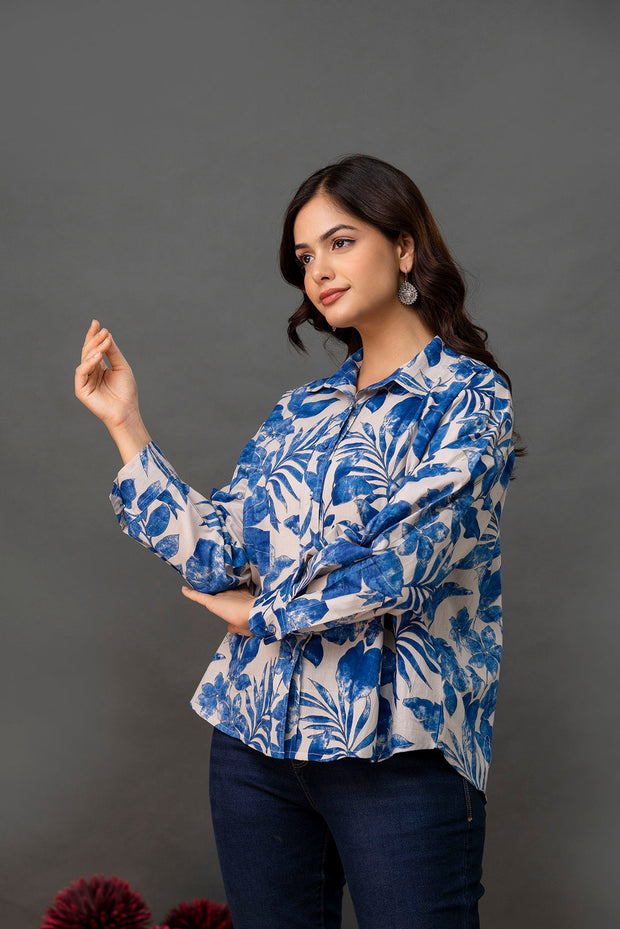 White & Blue Floral Printed Shirt for Women