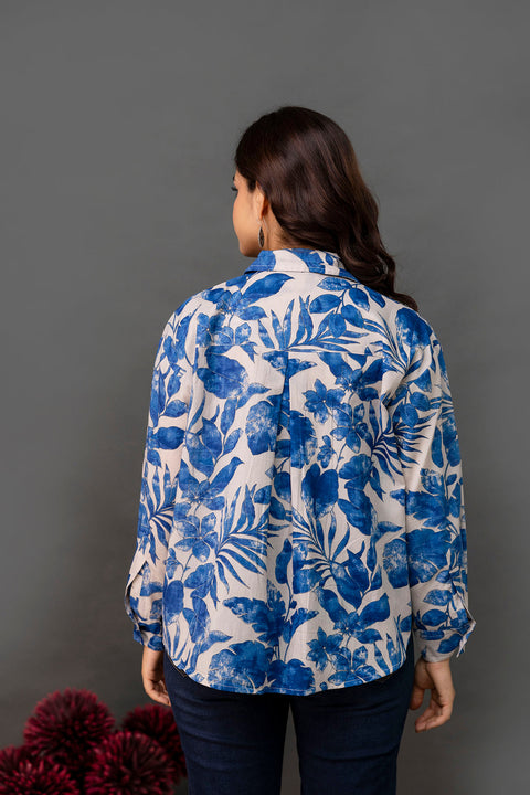 White & Blue Floral Printed Shirt for Women