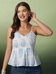 White Printed Sleeveless Top for Women
