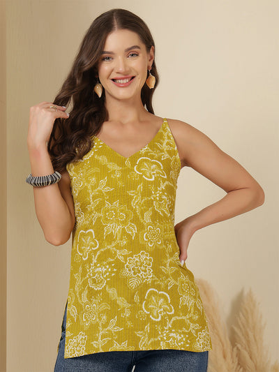 Yellow Printed Sleeveless Tunic for Women