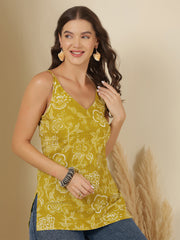 Yellow Printed Sleeveless Tunic for Women