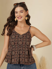 Black Printed Sleeveless Top for Women