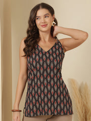 Black Printed Sleeveless Tunic for Women