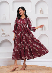 Burgundy Floral Printed Flared Dress for Women