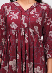 Burgundy Floral Printed Flared Dress for Women