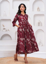 Burgundy Floral Printed Flared Dress for Women