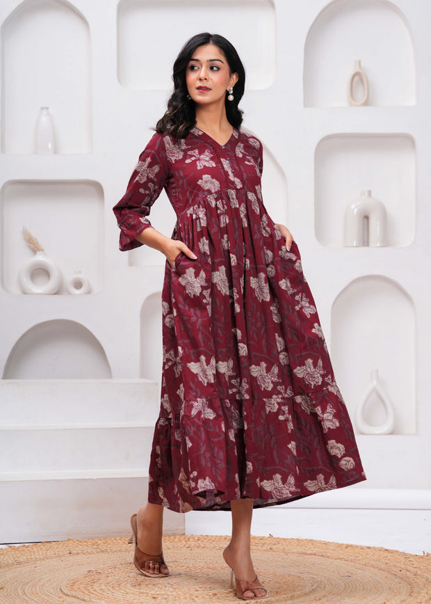 Burgundy Floral Printed Flared Dress for Women